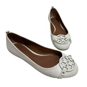 Tory Burch Mini Miller Flats Logo Medallion 9M Cream Embossed Reptile Leather